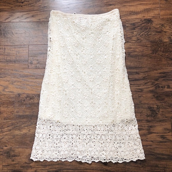 SOLD Rene Derhy • vintage crocheted skirt lace knit drawstring waist midi cream - Picture 10 of 14